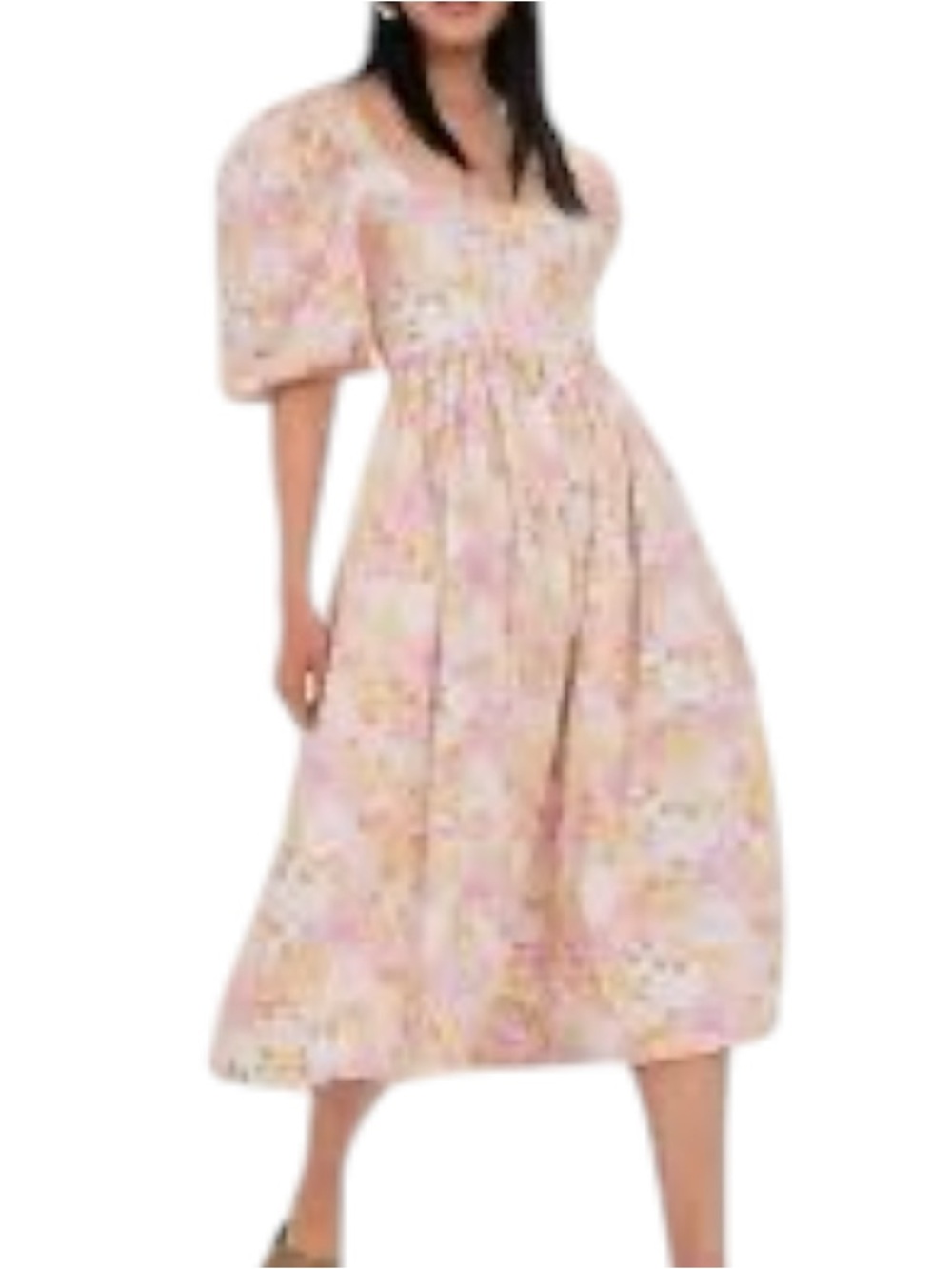 Floral Puff-Sleeve Midi Dress in Pastel Pink and Yellow